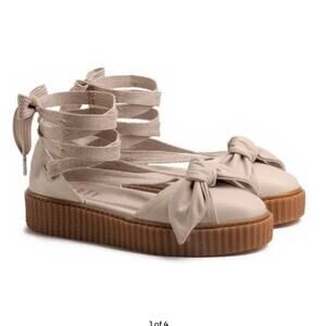 FENTY X Rihanna Puma Creeper Oatmeal Leather Bow Lace Up Platform Sandals-  US 7